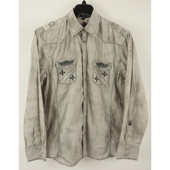 Roar Men's Large Long Sleeve Gray Acid Wash Military Style Studded Cross Shirt - Picture 1 of 10